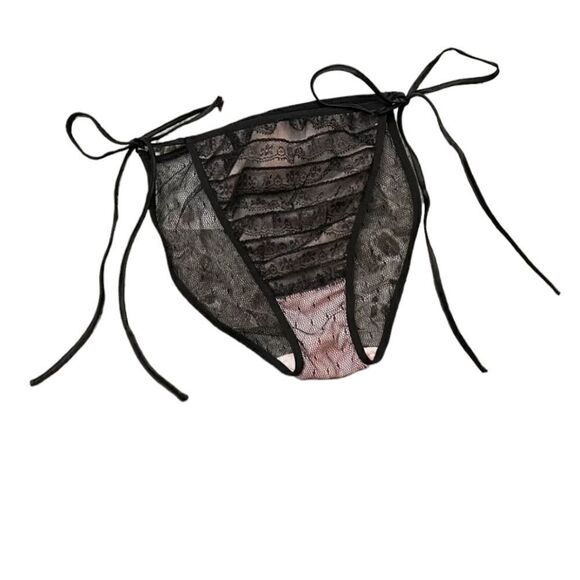 NWT VICTORIA'S SECRET S PINK BLACK LACE RUFFLE VINTAGE RARE TIE BIKINI PANTIES S - Picture 1 of 7